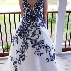 Ballgown Style Prom Dress  (white w/ blue flowers)